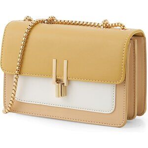 👑Women #2 Yellow Leather Twist Lock Inner Pocket Color-Block Crossbody Bags